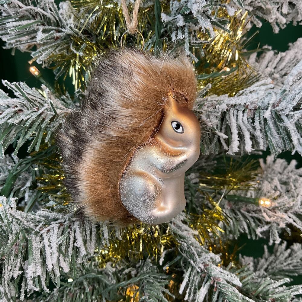 Woodland Blown Glass Squirrel Christmas Ornament Fluffy Fur Tail Glitter Accents